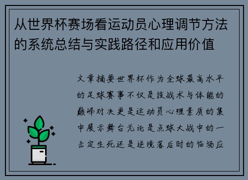 从世界杯赛场看运动员心理调节方法的系统总结与实践路径和应用价值