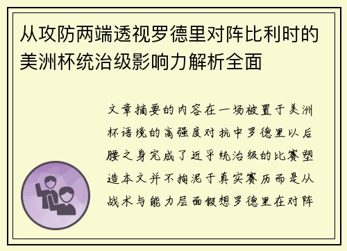从攻防两端透视罗德里对阵比利时的美洲杯统治级影响力解析全面