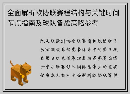 全面解析欧协联赛程结构与关键时间节点指南及球队备战策略参考